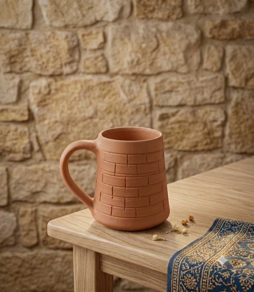 Handcrafted Terracotta Brick-Pattern Clay Mug (Eco-Friendly Coffee & Tea Mug)
